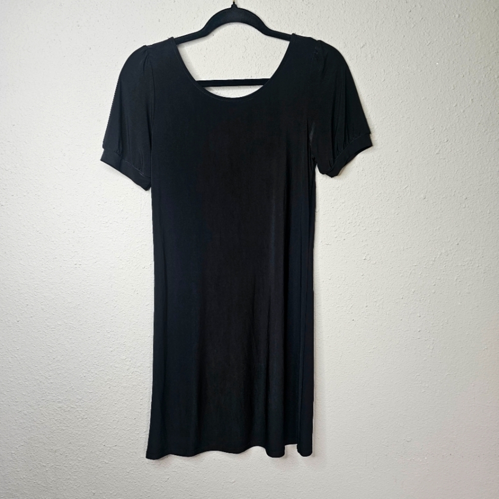 New Mode Black Slinky Midi Knee Length Dress Puff Short‎ Sleeve Size M Medium